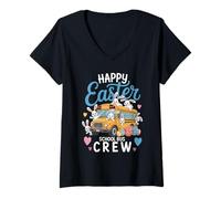 Mujer Happy Easter School Bus Crew Bunny Easter Eggs Bus Drivers Camiseta Cuello V