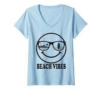 Mujer Happy Face Gafas de Sol Playa Surf Ocean Hawaii Verano Camiseta Cuello V