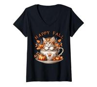 Mujer Happy Fall Cat Graphic For Women Kawaii Kitten Cute Autumn Camiseta Cuello V