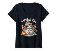 Mujer Happy Fall Yall Cute Kitten For Autumn Lover Kawaii Cat Mom Camiseta Cuello V