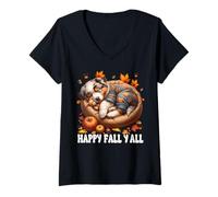 Mujer Happy Fall Yall For Puppy Lover and Australian Shepherd Mom Camiseta Cuello V