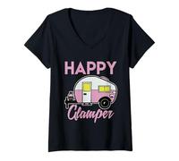 Mujer Happy Glamper - Aventura al aire libre, camping, autocaravana, caravana Camiseta Cuello V