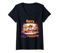Mujer Happy HalloThanksMas Corgi Spooky Thankful Merry X-mas Camiseta Cuello V