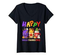 Mujer Happy HalloThanksMas Halloween Thanksgiving Christmas Coffee Camiseta Cuello V
