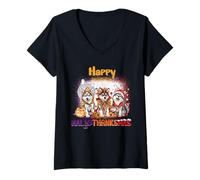 Mujer Happy HalloThanksMas Siberian Husky Spooky Thankful Merry Camiseta Cuello V