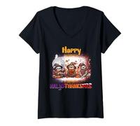 Mujer Happy HalloThanksMas Sloth Spooky Thankful Merry X-mas Camiseta Cuello V
