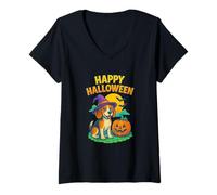 Mujer Happy Halloween Cute Dog with Pumpkin Witch Hat Art Camiseta Cuello V
