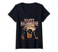 Mujer Happy Halloween Divertido Dachshund Wiener Pirata de Halloween Camiseta Cuello V