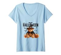 Mujer Happy Halloween Witch Teddy Bear Pumpkin Graphic Camiseta Cuello V