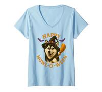 Mujer Happy Howl-O-Ween Husky Dog Witch Sombrero y Escoba de Halloween Camiseta Cuello V