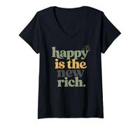 Mujer Happy Is The New Rich Positive Cita Humor Familiar Camiseta Cuello V