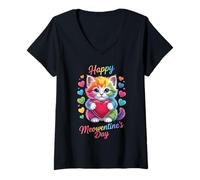 Mujer Happy Meowentine’s Day Cute Rainbow Cat Valentine Camiseta Cuello V