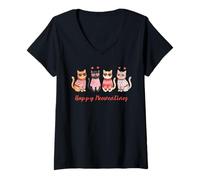 Mujer Happy Meowentines Cute Cats Divertido Día de San Valentín Camiseta Cuello V