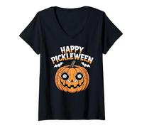 Mujer Happy Pickleween Pumpkin Bats, Divertido Pickleball para Halloween Camiseta Cuello V