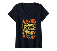 Mujer Happy School Vibes Volver a la escuela Primer día Maestro Estudi Camiseta Cuello V
