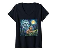 Mujer Happy Sloth Howling at The Moon Night Sky Animal Art Camiseta Cuello V