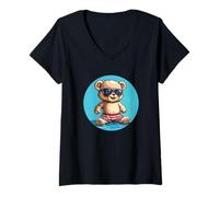 Mujer Happy Teddy en pantalones cortos de natación para amantes de la playa y los osos Camiseta Cuello V