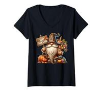 Mujer Happy Thanksgiving GNOME For Women Men Kids Fall Pumpkin Camiseta Cuello V