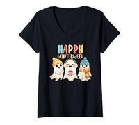 Mujer Happy Winterween Cute Ghosts Invierno Halloween Navidad Camiseta Cuello V