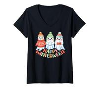 Mujer Happy Winterween Cute Ghosts Navidad Invierno Halloween Camiseta Cuello V