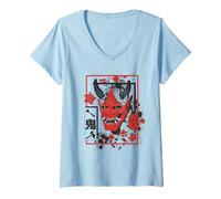 Mujer Harajuku Japanese Aesthetic Red Oni Demon Mask Camiseta Cuello V