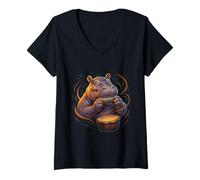 Mujer Harmonica Hippo Rhythm Night Jam Camiseta Cuello V