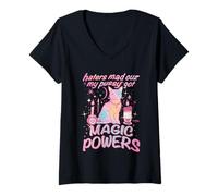 Mujer Haters Mad Porque mi Coño Tengo Poderes Mágicos Gato Camiseta Cuello V