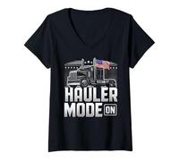 Mujer Hauler Mode ON Patriotic Trucker Big Rig Diseño de bandera de Estados Unidos Camiseta Cuello V