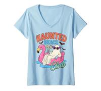 Mujer Haunted Beach Club Halloween Vacation Humor Camiseta Cuello V