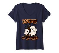 Mujer Haunted by My Child Funny Ghost Halloween Men Women Camiseta Cuello V