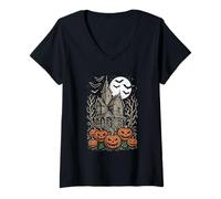 Mujer Haunted Spooky House Halloween Calabazas Luna Noche Diseño Camiseta Cuello V