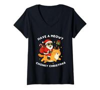 Mujer Have A Meowy Chonky Christmas, Lindo Gato Montando a Caballo de Papá Noel Camiseta Cuello V