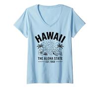 Mujer Hawái Aloha State Volcán Tortuga Marina Hibisco Est 1959 Camiseta Cuello V