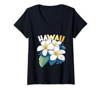 Mujer Hawaii Plumeria Frangipani Flower Maui Kauai Aloha Surfer Camiseta Cuello V
