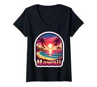 Mujer Hawaii Puesta Del Sol Playa Vacaciones De Verano Isla De Camiseta Cuello V
