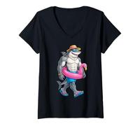 Mujer Hawaiian Shark Pink Flamingo Float Pool Summer Men Kids Camiseta Cuello V