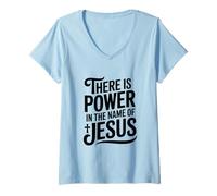 Mujer Hay Poder en el Nombre de Jesús Christian Camiseta Cuello V