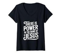 Mujer Hay Poder en el Nombre de Jesús Christian Camiseta Cuello V