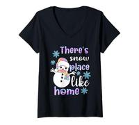 Mujer Hay un Lugar de Nieve como el hogar Muñeco de Nieve Pastel Vacaciones Camiseta Cuello V