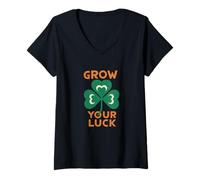 Mujer Haz Crecer tu Suerte Shamrock Spring Artwork Camiseta Cuello V