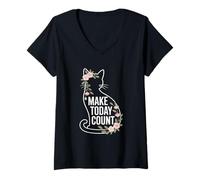 Mujer Haz Que Hoy cuente Floral Cat Camiseta Cuello V