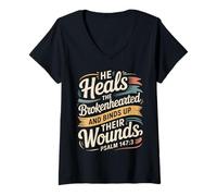 Mujer He Heals The Brokenhearted Fe Biblia Consuelo |- Camiseta Cuello V