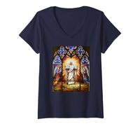 Mujer He Is Risen Christian Jesús Cruz Pascua Vitral Camiseta Cuello V