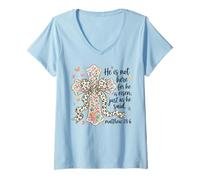 Mujer He Is Risen Matthew 28 6 Cruz Floral Fe Cristiana Pascua Camiseta Cuello V