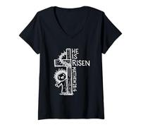 Mujer He is Risen Matthew 28 6 Lindo Jesus Pascua Dibujado a Mano Garabato Camiseta Cuello V