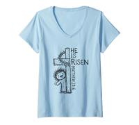 Mujer He is Risen Matthew 28 6 Lindo Jesus Pascua Dibujado a Mano Garabato Camiseta Cuello V