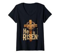 Mujer He is Risen Retro Vintage Cruz Feliz Pascua Camiseta Cuello V