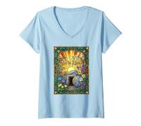 Mujer He Is Risen Vitral Tumba Vacía Pascua Religiosa Camiseta Cuello V