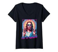 Mujer He Is Rizzin Jesús Gafas Retro Humor Pascua Cultura Pop Camiseta Cuello V