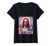 Mujer He Is Rizzin Jesús Humor Religioso Cultura Pop Icono Moderno Camiseta Cuello V